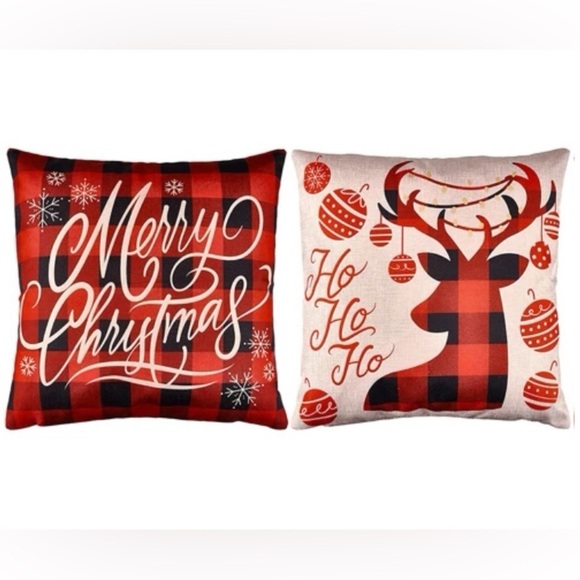 Pillow Cover Set Christmas Rustic Holiday Zip Linen Buffalo Plaid Red Black 17” - Picture 2 of 8